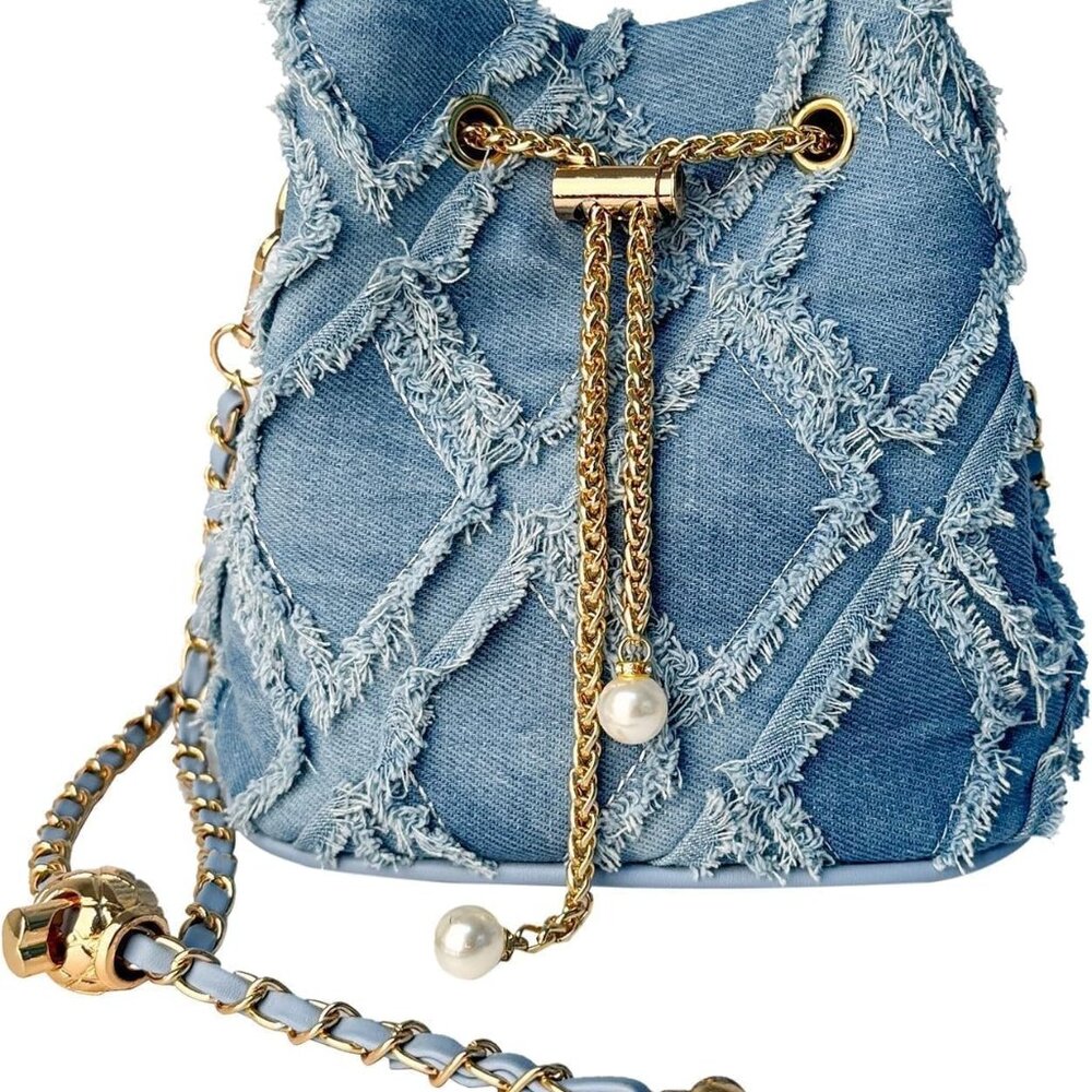 Denim Bucket Bag Hobo Crossbody Bag for Women Washed Jeans Blue Purse with Chain